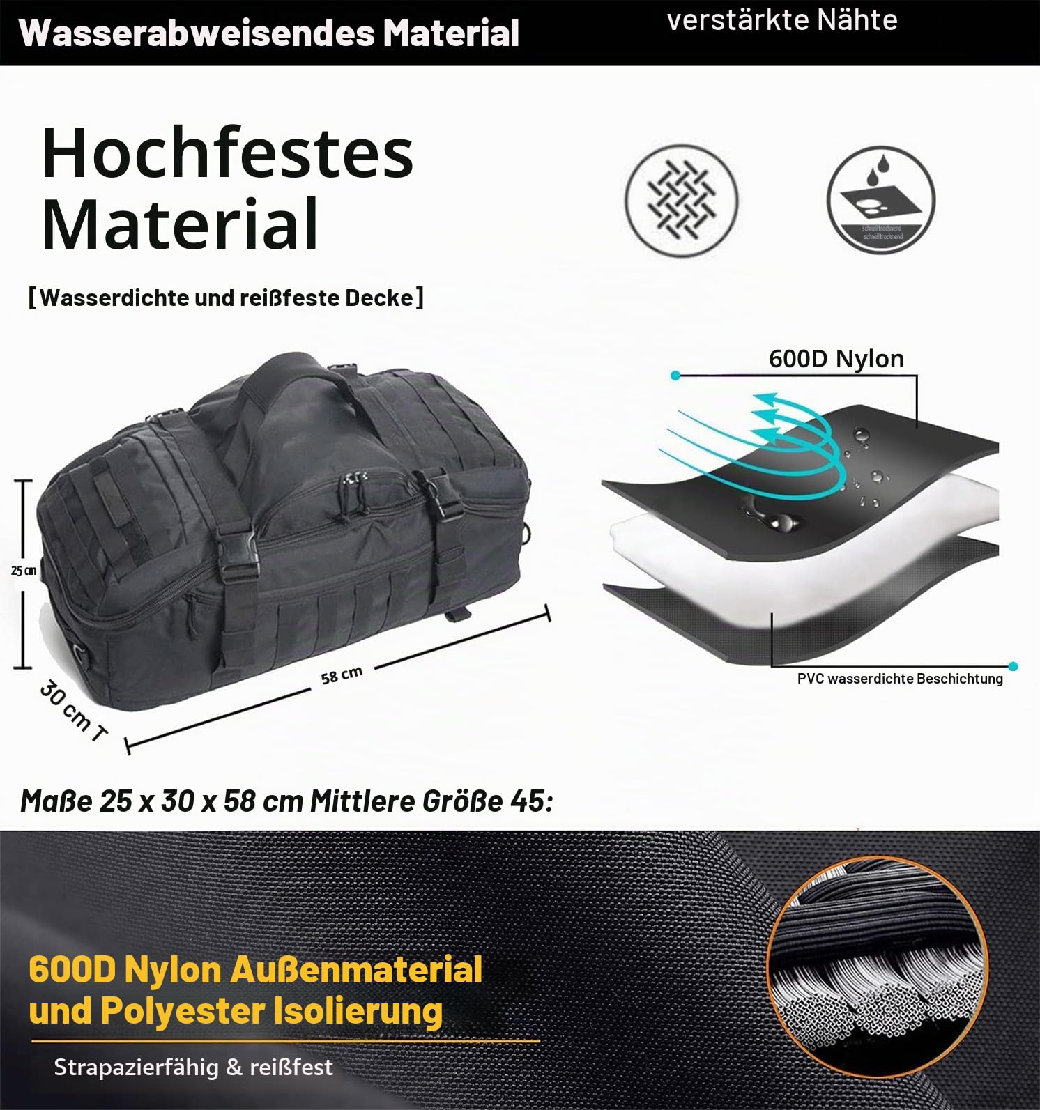 Miramrax Gym-Tasche Duffle-Taschen Rucksack - Reise-Wochenendtasche für Männer Frauen Trainingstasche für Militär, Sport, Übernachtung, Basketball, taktisch, Fußball, wasserdicht & reißfest, Schwarz