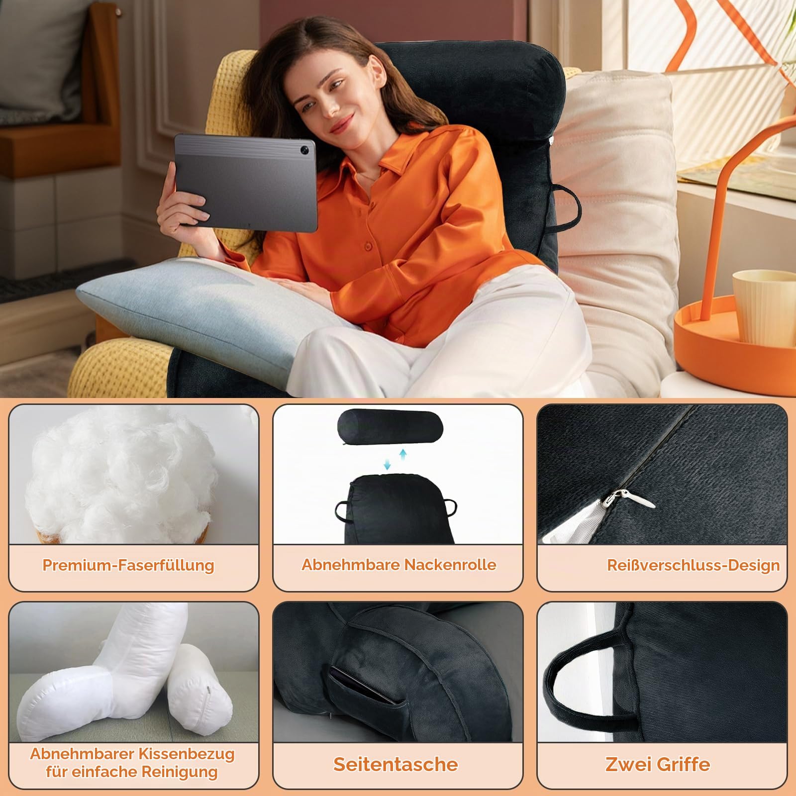 MINGPINHUIUS XL Lesekissen für Bett und Sofa mit Abnehmbarer Nackenrolle