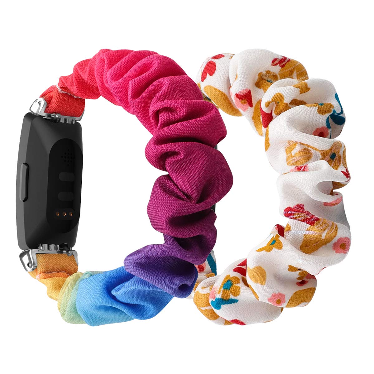Chofit (2-Pack Strap Compatible with Fitbit Inspire 2/Inspire HR/Inspire Straps, Replacement Scrunchies Arm Band Chiffon Satin Wristband for Inspire 2 Fitness Tracker (Rainbow+White-Gold, L)