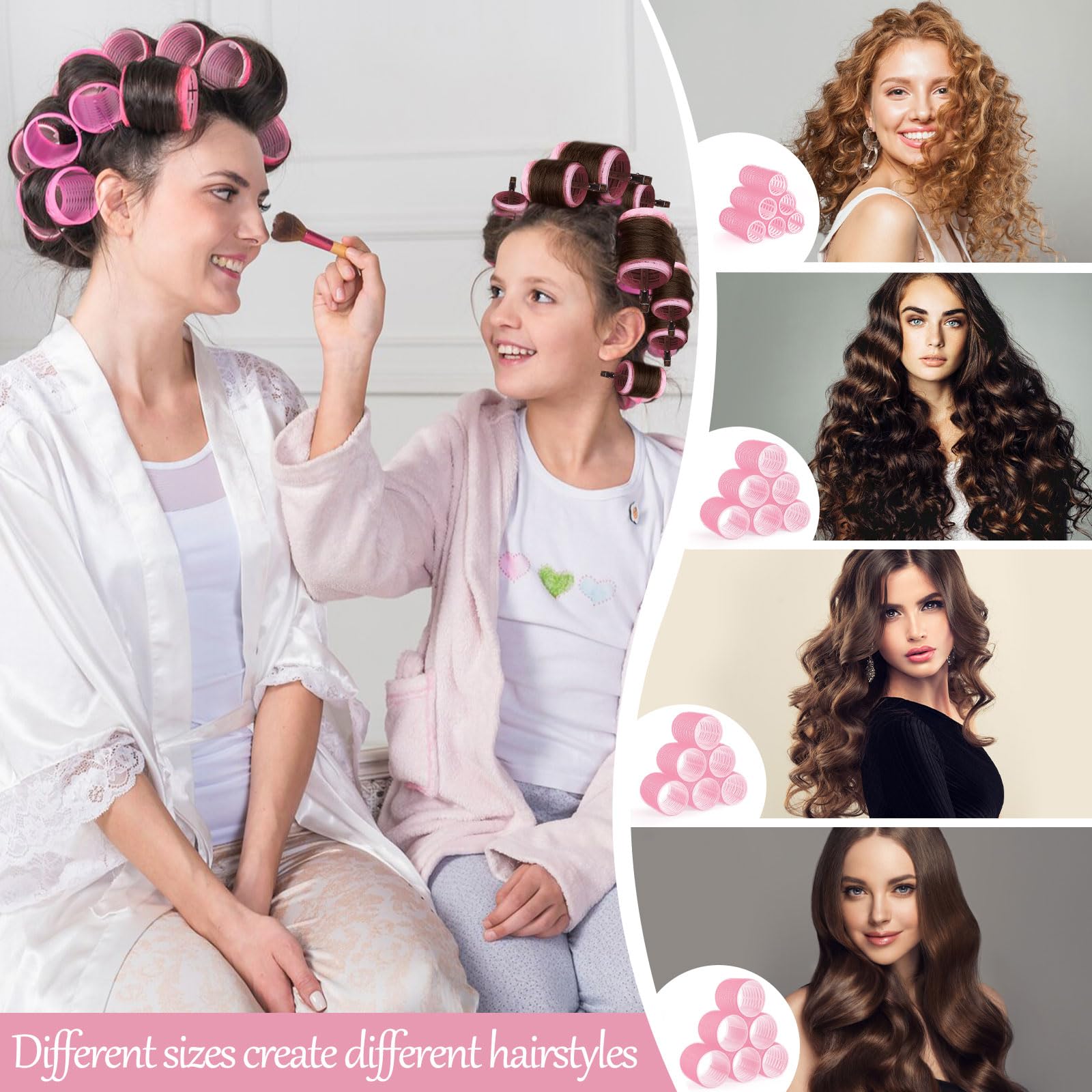 Obeoby Lockenwickler in 4 Größen mit Geschenk-Make-up-Tasche, rosa Lockenwickler für langes, kurzes Haar und Pony, Frauen und Mädchen, Geburtstagsgeschenke zum Muttertag