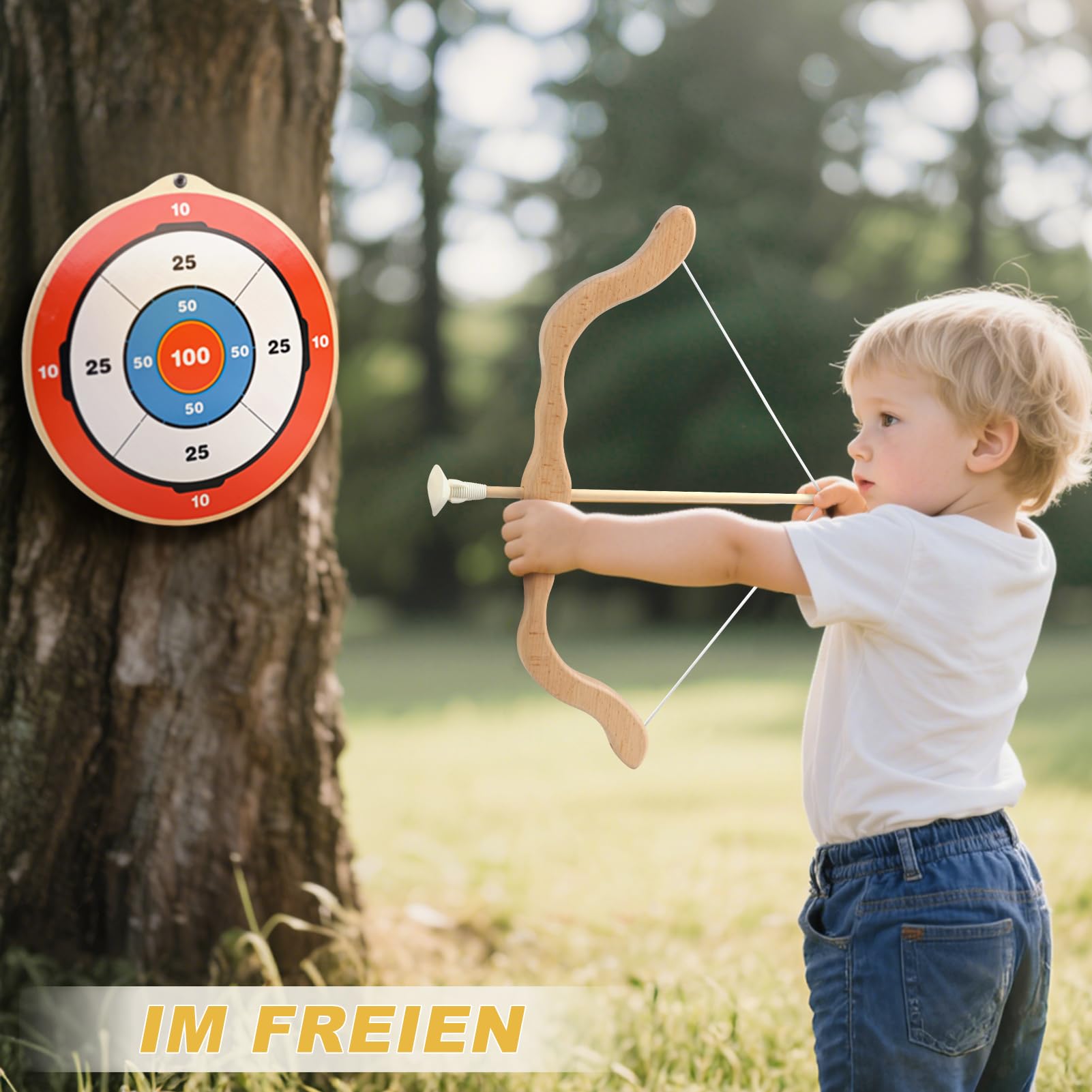 YIMORE Ensemble d'arc et flèches pour Enfants en Bois, Jouet de tir à l'arc avec 6 flèches à Ventouse, 1 Grande Cible, 4 Petites cibles et carquois, idéal pour garçons et Filles à partir de 3 Ans