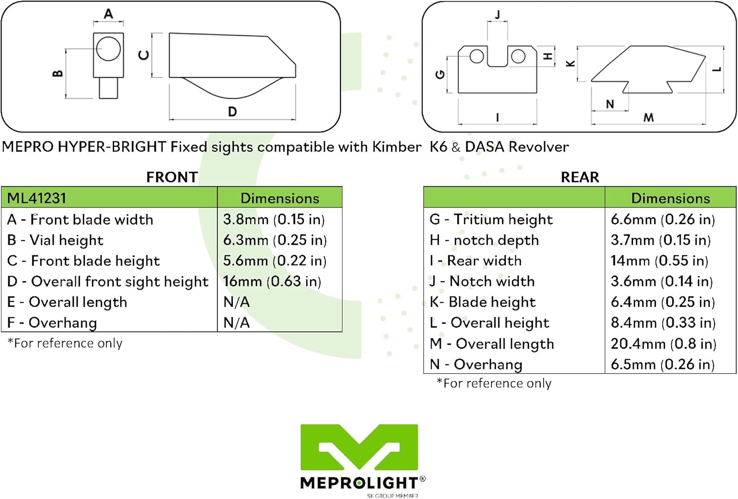 Meprolight Hyper-Bright Kimber K6/DASA Revolver Pistol Sight Set, Fixed Yellow Ring, Green Dot Tritium Illumination (0412313121)
