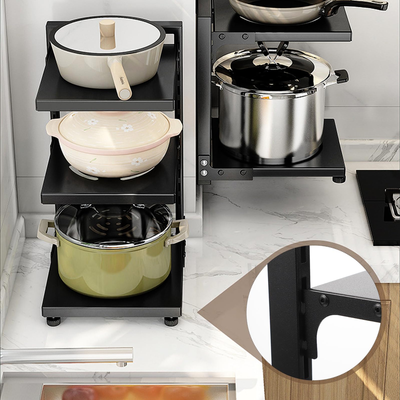 Organizer per Pentole Sotto Lavello Cucina a 3 Livelli in Acciaio al Carbonio Portata Resistente e Spazio Regolabile, per Bagno e Armadio