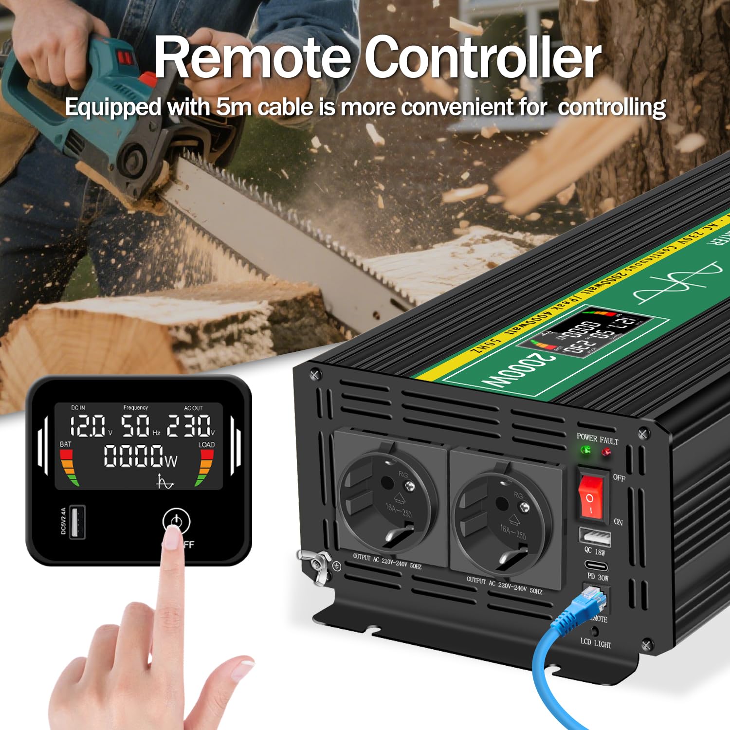 JIGUUN Konwerter mocy 2000 W/4000 W 12 V na 230 V z czystym sinusoidalnym sterowaniem wyświetlacz LCD 2 gniazdko UE i 1 port USB do samochodu, na kemping, w podróży, w nagłych wypadkach