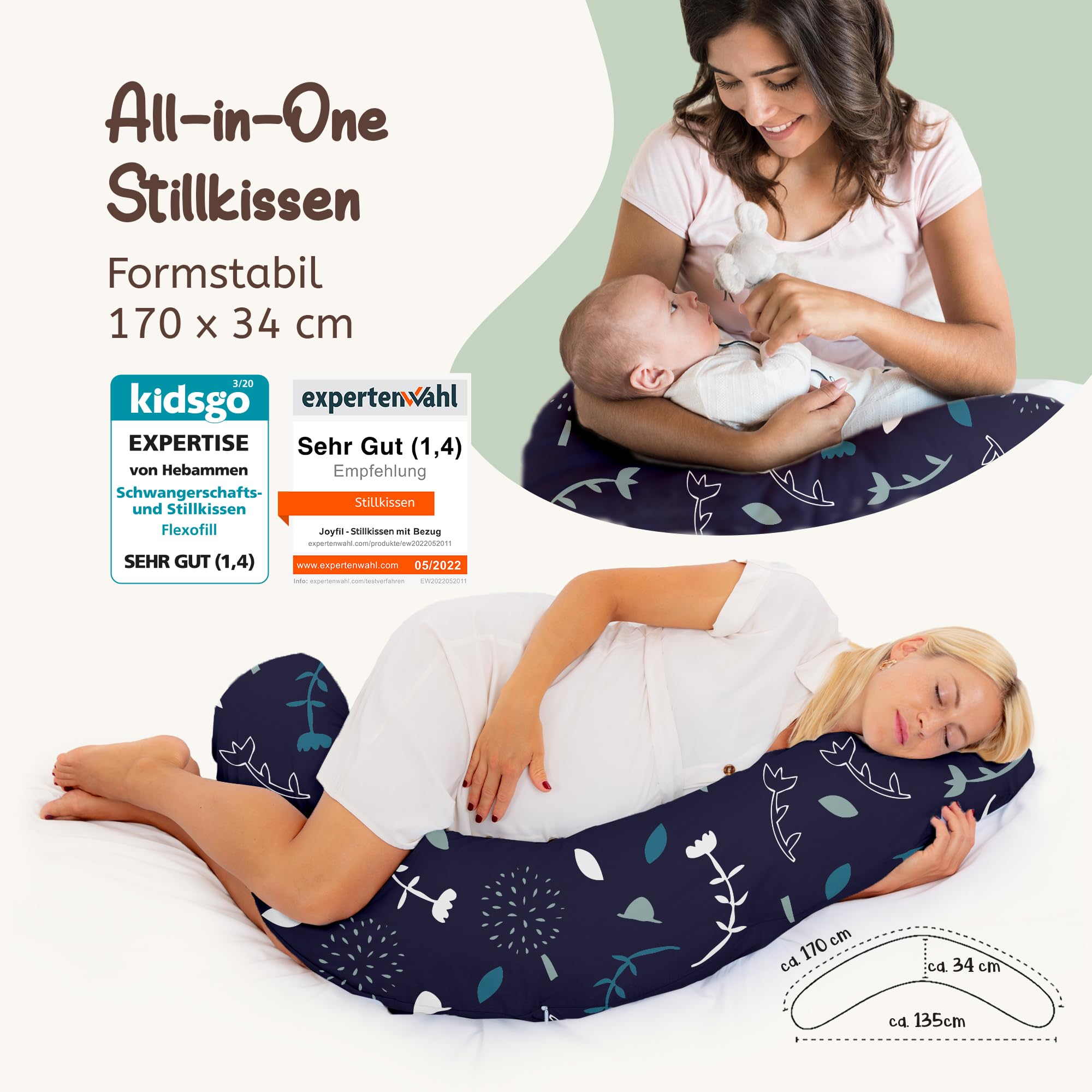 joyfill Stillkissen I Von Hebammen Getestet I XXL Schwangerschaftskissen & Seitenschläferkissen I Lagerungskissen Baby & Schlafkissen für Schwangere I Flüsterleise Füllung