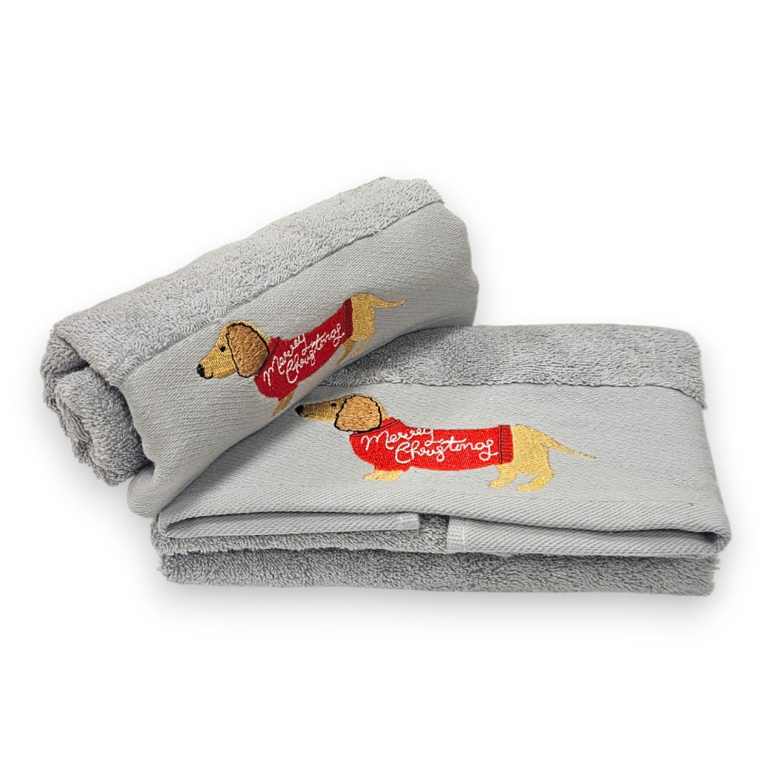 Serviette de toilette en coton gris au motif teckel pour une salle de bain cosy