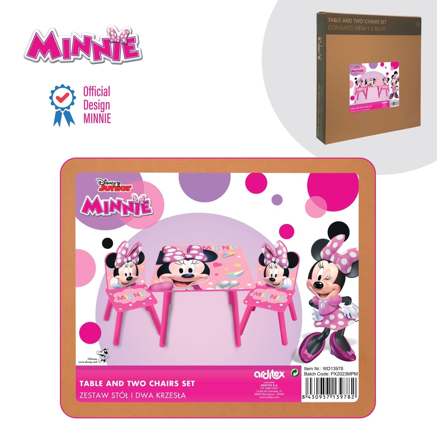 ARDITEX - Ensemble Table et 2 Chaises en Bois pour Enfants Licence Officielle Minnie Mouse - Table 50x50x44 cm/Chaise 26,5x26,5x50 cm - Rose - Idéal pour Jouer, Dessiner et activités manuelles