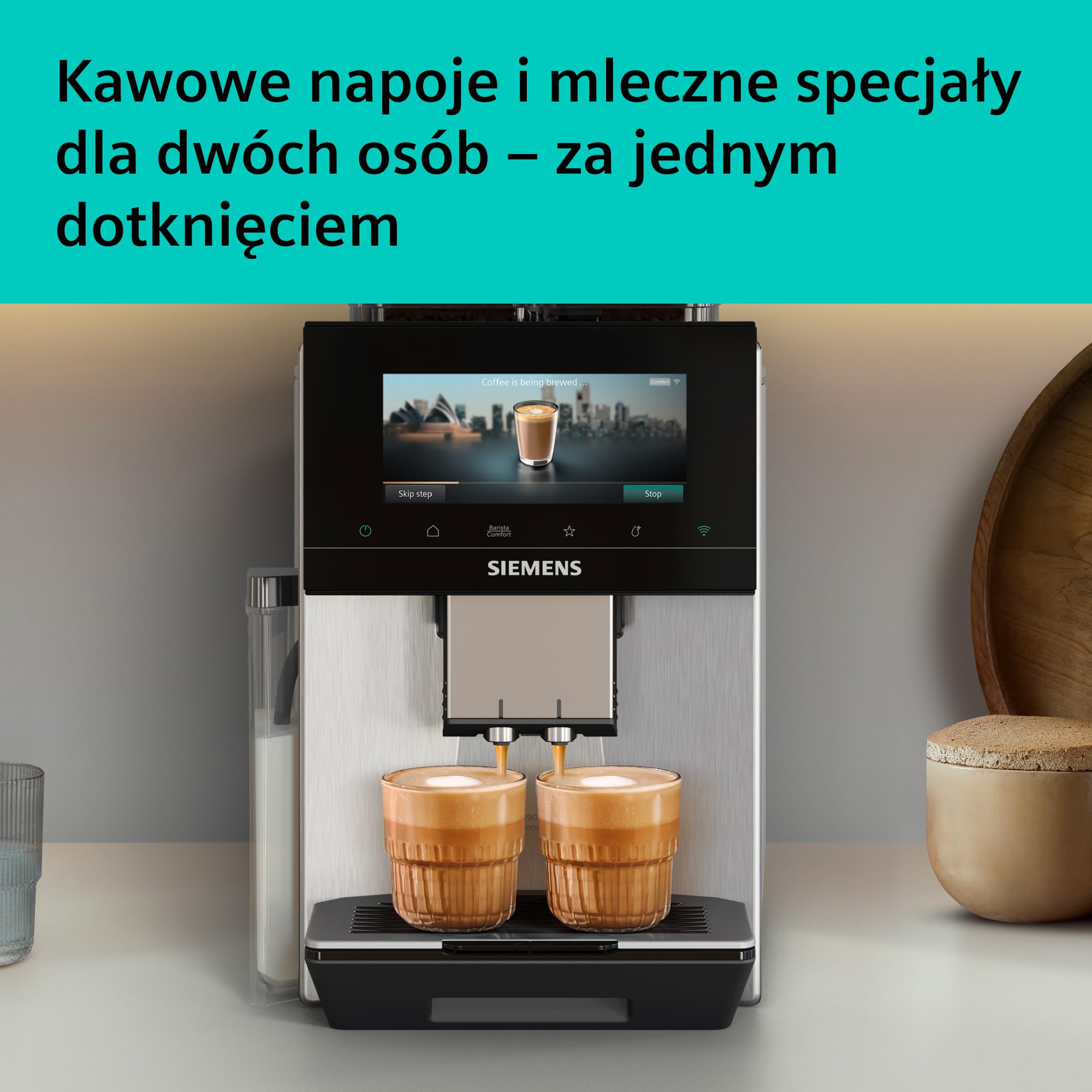 Siemens, automatyczny ekspres do espresso, EQ900 iAroma, spersonalizowane ustawienia smaku, precyzyjne mielenie, duży wyświetlacz, dwa pojemniki na ziarna, stal nierdzewna, TQ927E03