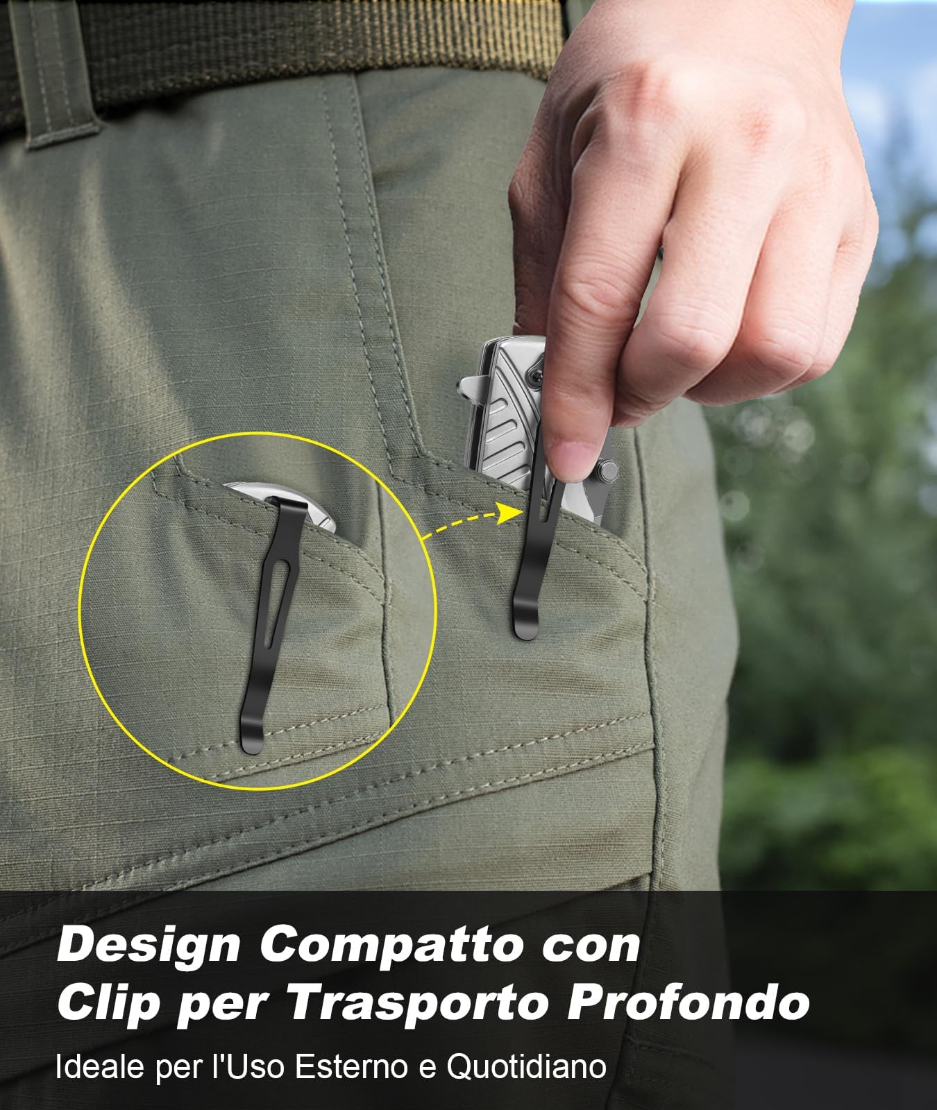 ISEYOU Coltello da Caccia, Lama in Acciaio Inossidabile 3Cr13 con Rivestimento in Titanio, Portatile Clip per Tasca, Multifunzione - Regalo Perfetto