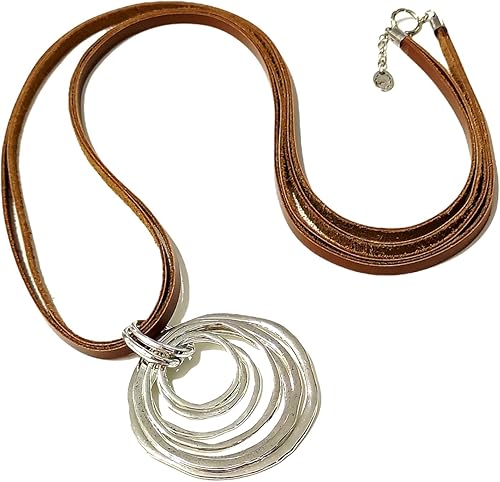 38” Long ECO Leather Necklace, Ring Circle Necklace for Women, Brown Leather Necklace, Long Pendant Necklace, Large Lariat Necklace, 7 Silver