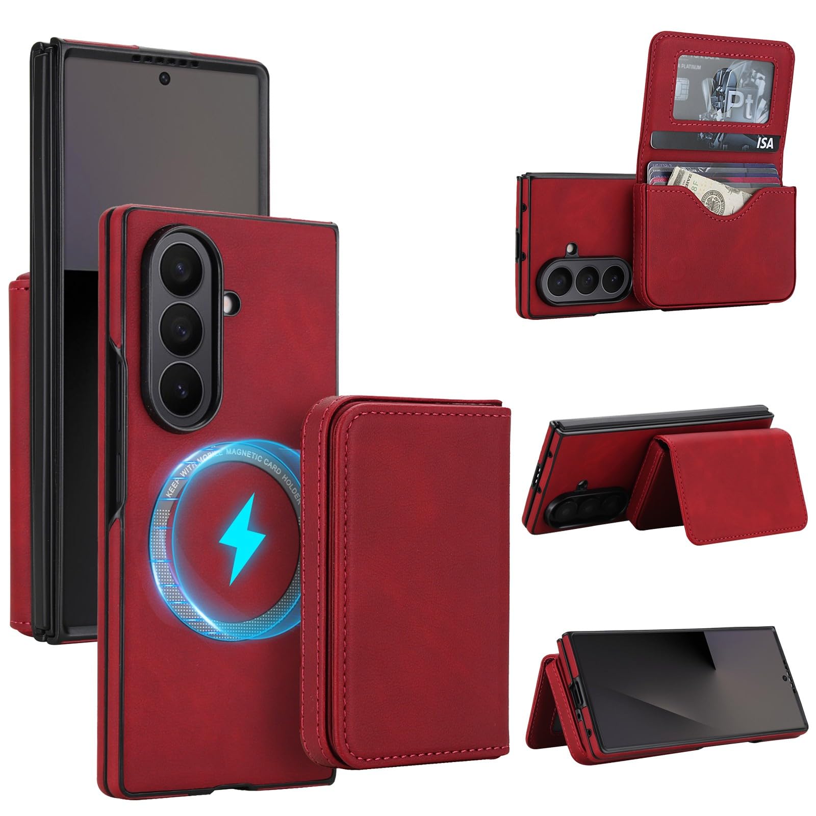 Generic Custodia Compatibile con Samsung Galaxy Z Fold 4 (Rosso) Portafoglio Rimovibile Portafoglio Carta Magnetica Flip Cover in Pelle