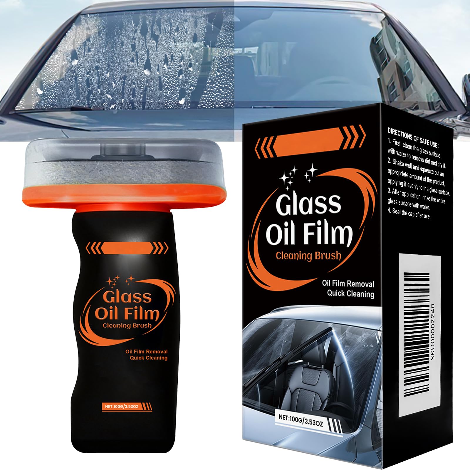 Q4 Glass Guard Ölfilmentferner für Autoglas 100 ml – Glass Oil Film Cleaner mit Reinigungsbürste, Hand-Held Glasses Emulsion Cleaner für Autoscheiben, Fenster, Spiegel & Glasoberflächen