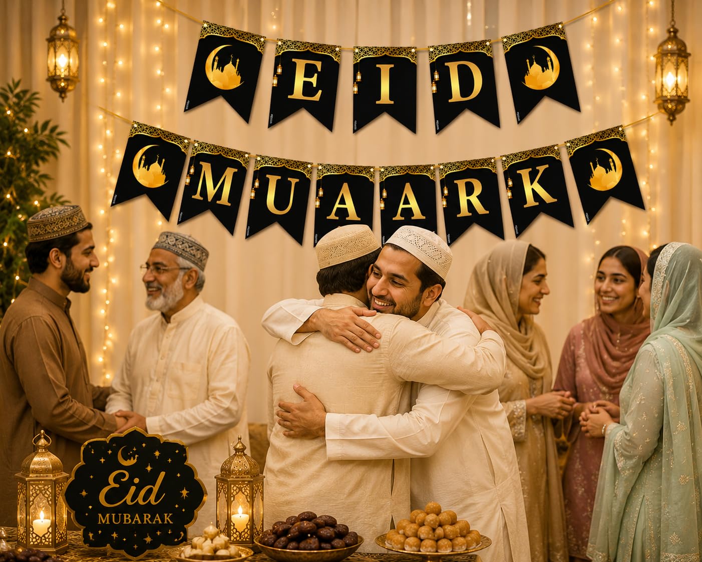 Festiko® Eid Mubarak Banner Decoration for Home, Black Gold Ramadan & Eid Kareem Banner, Islamic Mosque Lantern Theme Party Decor, DIY Hanging Banner, 350 GSM Paper Decor 1