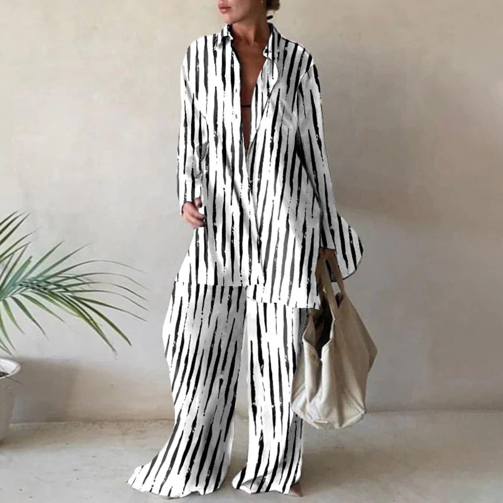 Damen Zweiteiler Set Elegant Hosenanzug Langarm Revers Bluse + Weites Bein Hose Sommer Herbst Outfit Casual Loungewear Streetwear