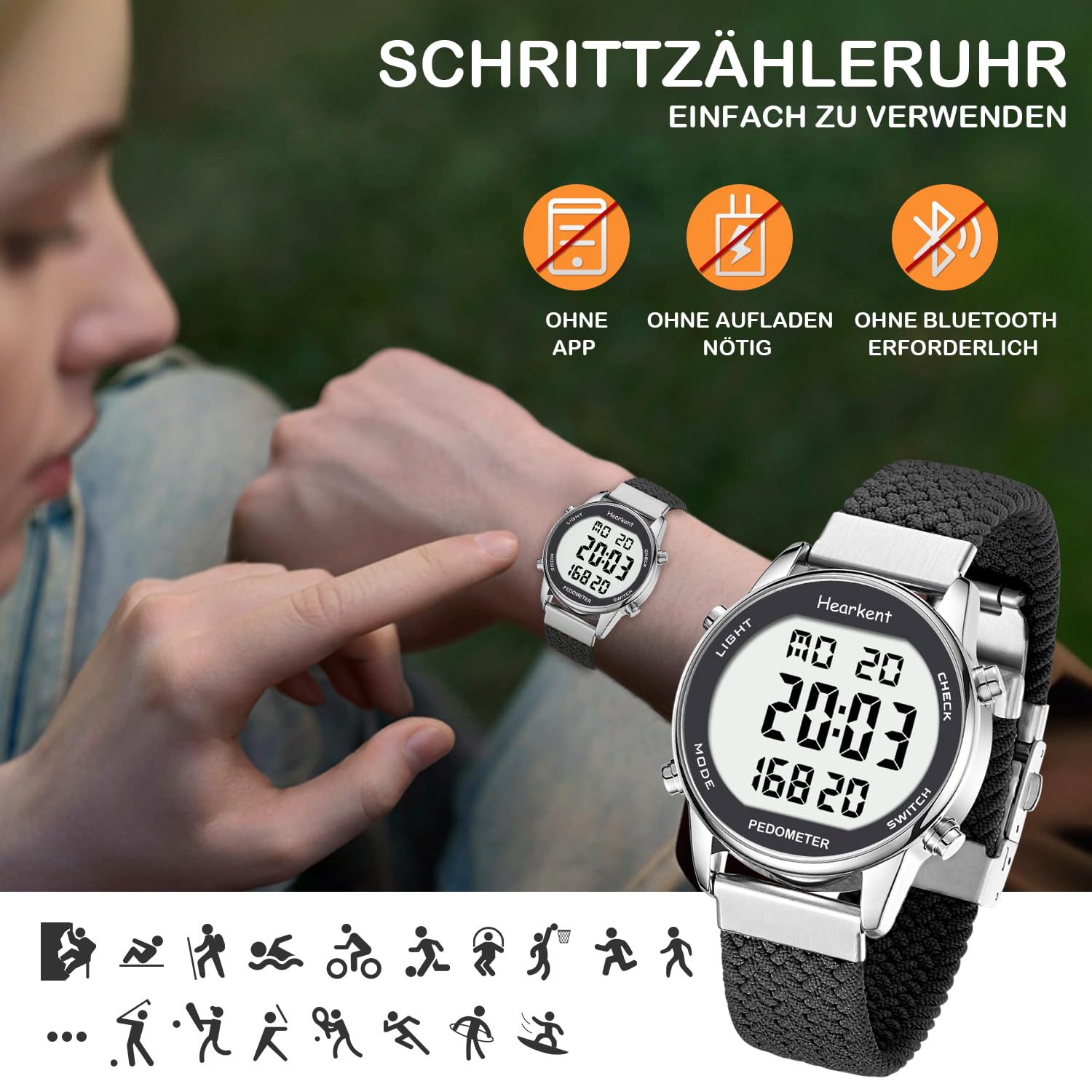 Hearkent Montre podomètre pour femme - Tracker de fitness pour la marche - Montre de sport étanche - Compteur de calories - Montre avec grand écran numérique - Pour personnes âgées