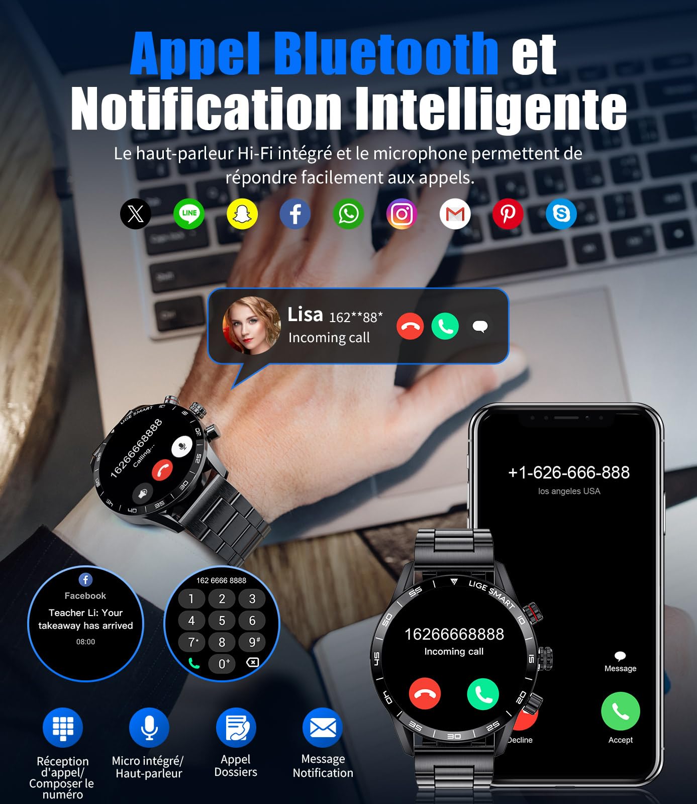 LIGE Montre Connectée Homme 1,43'' AMOLED, Appel Bluetooth, Assistant Vocal, 2 Bracelets, Autonomie 15 Jours, 124 Modes Sportifs Smartwatch iOS Android