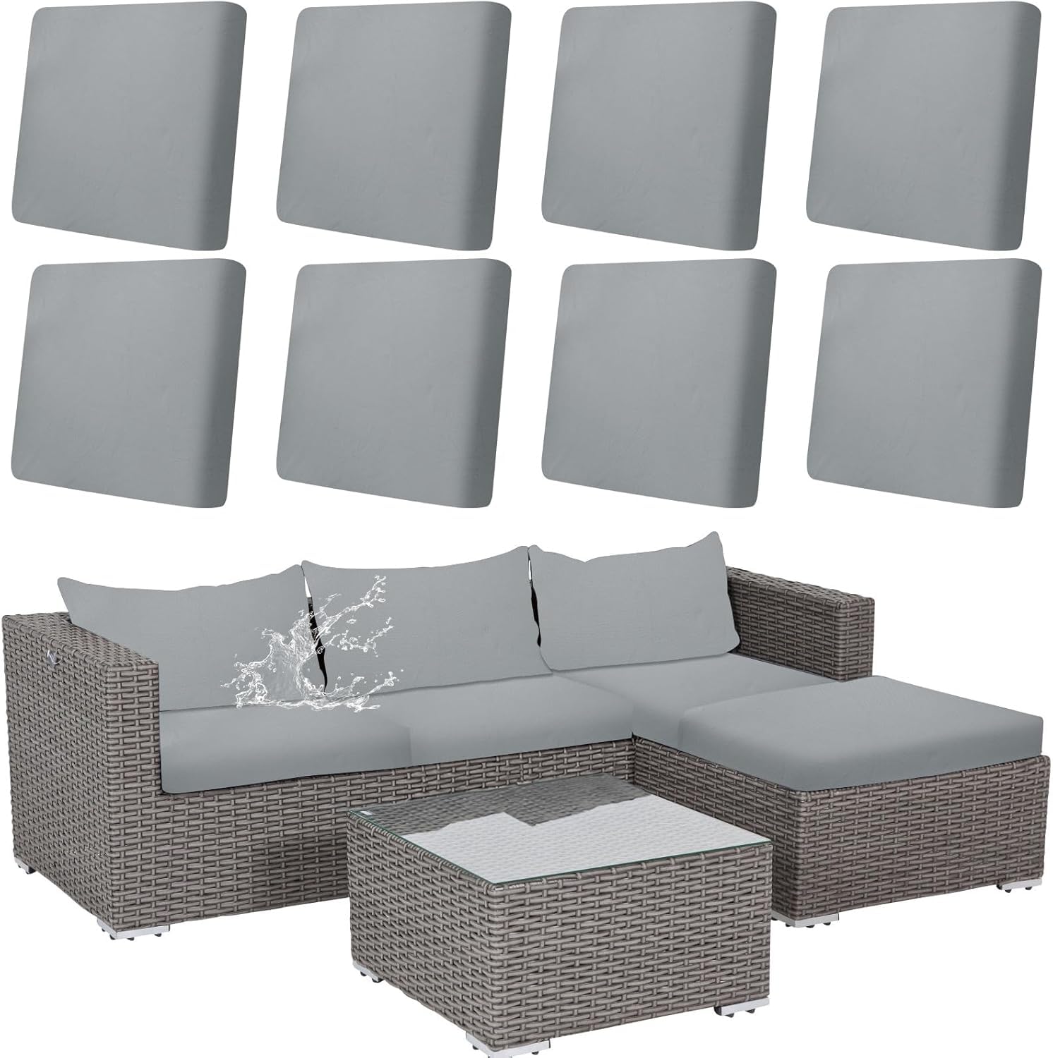 8 Pcs Cushion Covers Patio Stretch Outdoor Cushion Cover Replacement for Patio Furniture Sofa Couch Slipcovers, Soft Flexibility Washable Furniture Protector (Light Gray)