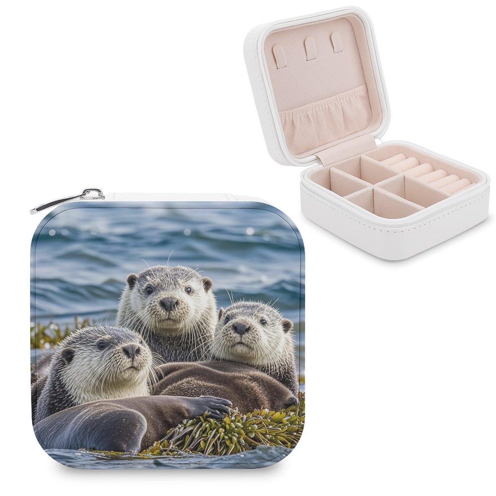 LZQPOEAS Sea Otter Family Jewelry Box Mini Jewelry Travel Case Trendy Stuff Ring Box Custom PU Leather Jewelry Boxes Portable Jewelry Case Earring Storage Organizer for Girls Women