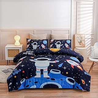 Meeting Story 3Pieces Universe Space Themed Comforter Set Planet Astronaut Rocket Galaxy Printed Pattern Quilt Bedding Set for Kids Girls Boys Children Room Decor (Black, Twin)