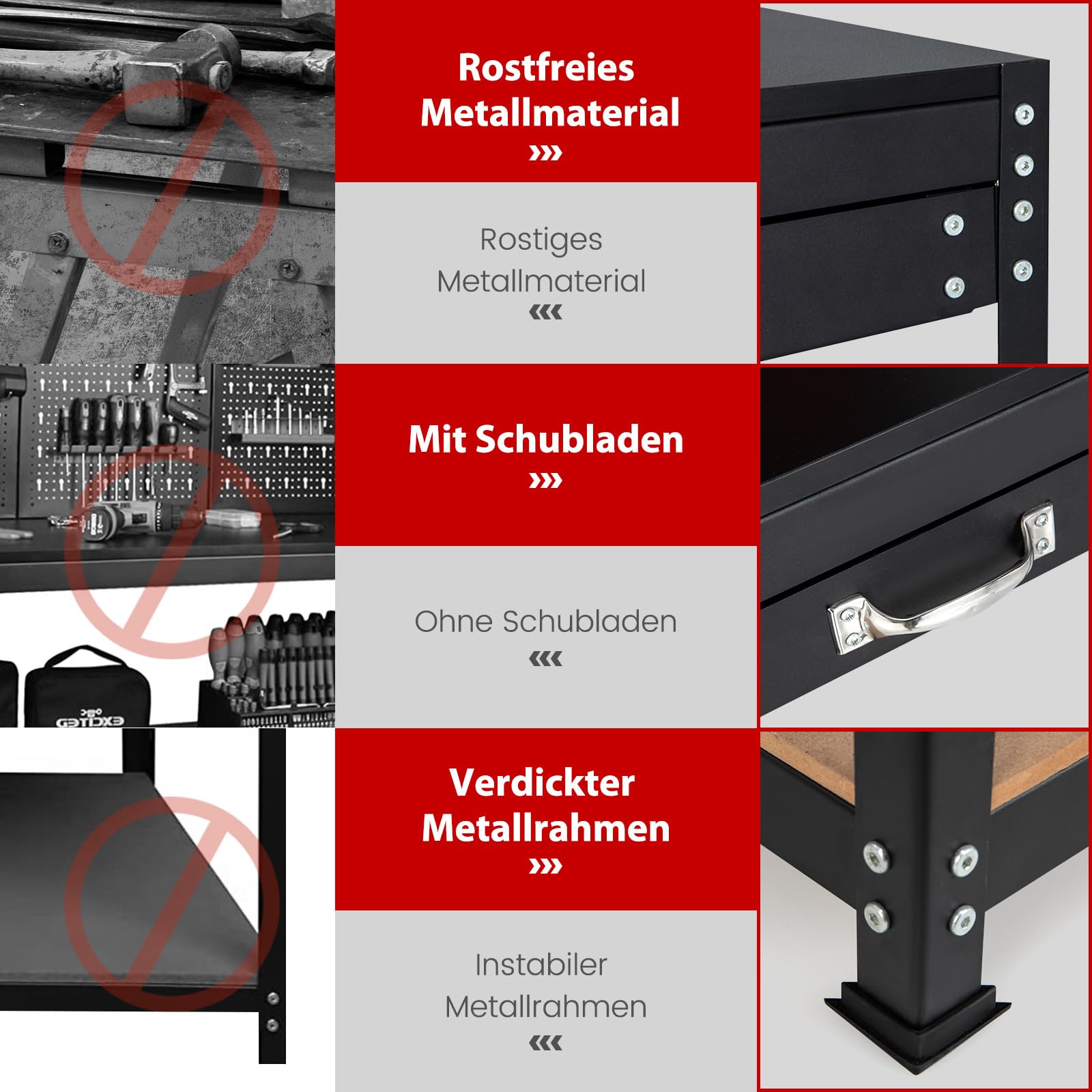 COSTWAY Werkbank, Werkzeugbank mit Lochwand, Werktisch mit Schublade, große Arbeitsplatte & 3 Ablagen, inkl. 13 Zubehörteile zum Aufhängen, Arbeitstisch für Garage und Werkstatt (121 x 61 x 156 cm)
