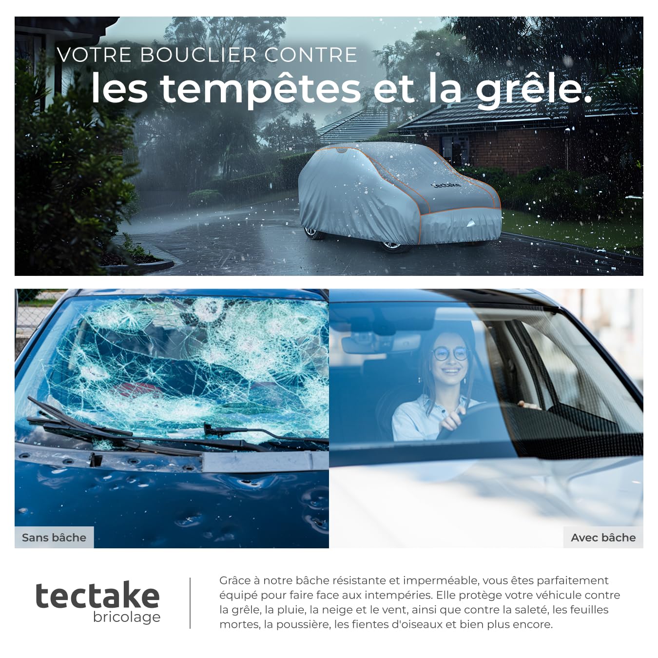 tectake® Bâche de protection pour Voiture Extérieur Bâche imperméable, Respirant, Housse de voiture Anti-grêle, Bandes réfléchissantes, Anti-UV, Anti-poussière, Anti-moisissure pour Petite voiture SUV