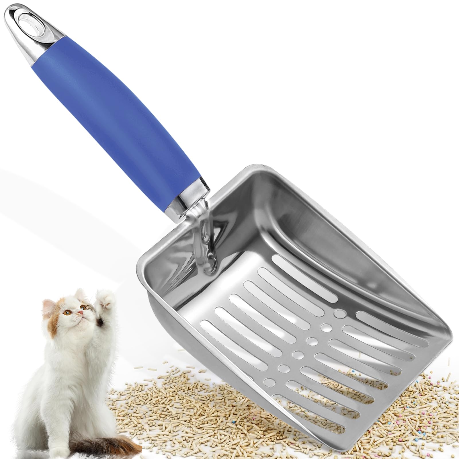 Metal cat litter scoop with fine slots designed for clumping clay litter