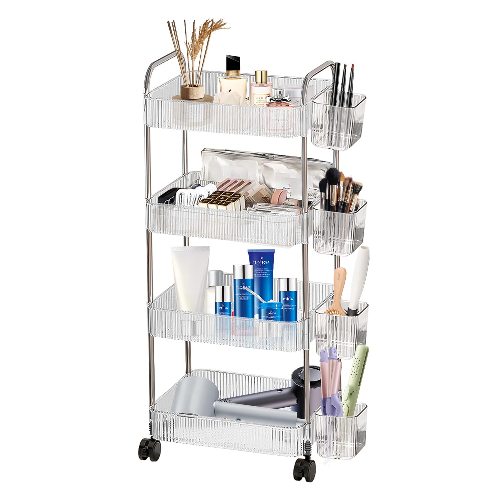 FANFX 4 Tier Rolling Cart with Hanging Basket, Acrylic Storage Carts with Lockable Wheels, Utility Carts Storage Organizer Serving Cart for Office, Living Room, Kitchen, Bathroom
