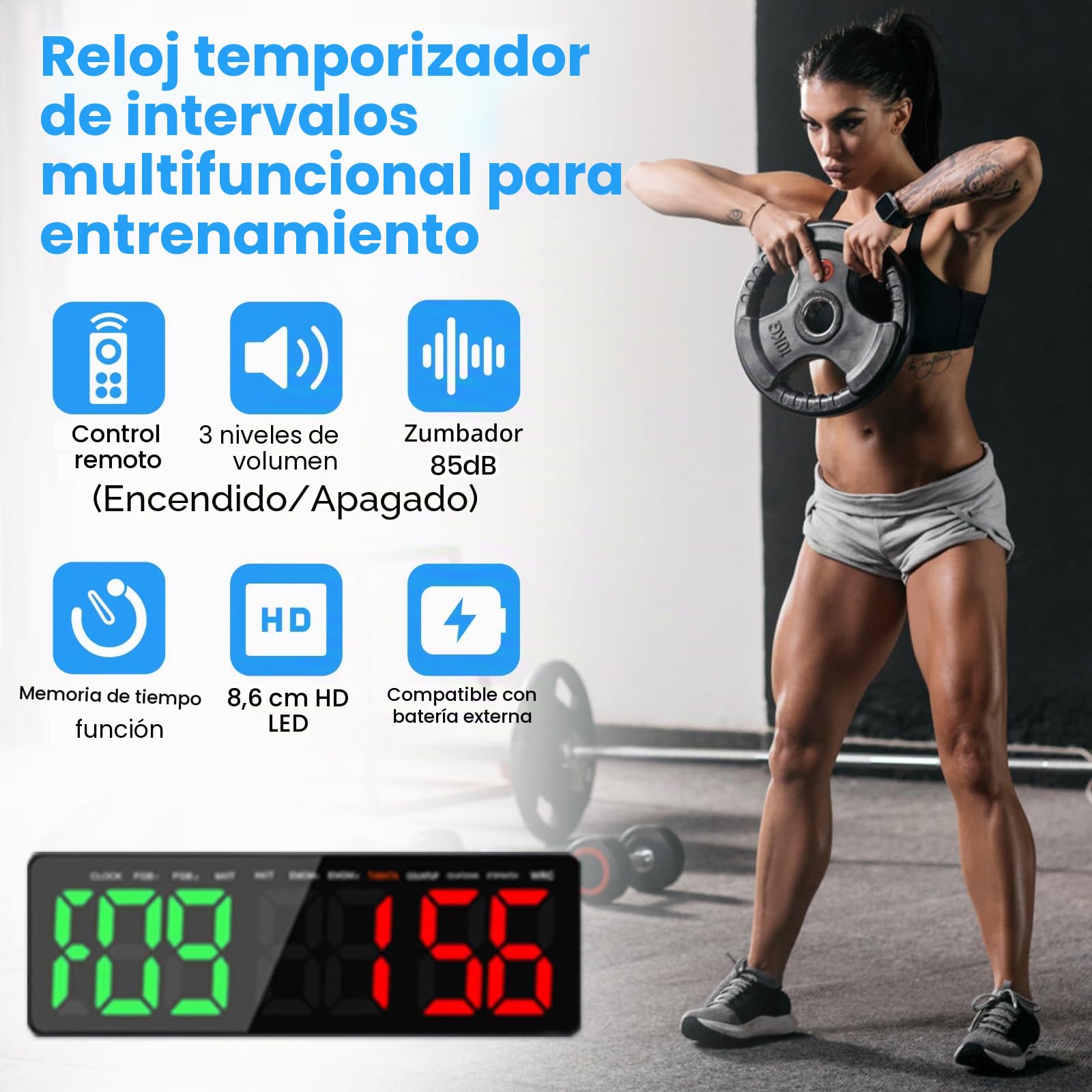 Temporizador de Gimnasio, 16.5" Grande Reloj de Pared Digital Temporizador de Intervalo LED con Countdown & Up Cronómetro, Brillo & Volumen Ajustable, Gym Timer con Control Remoto para Casa