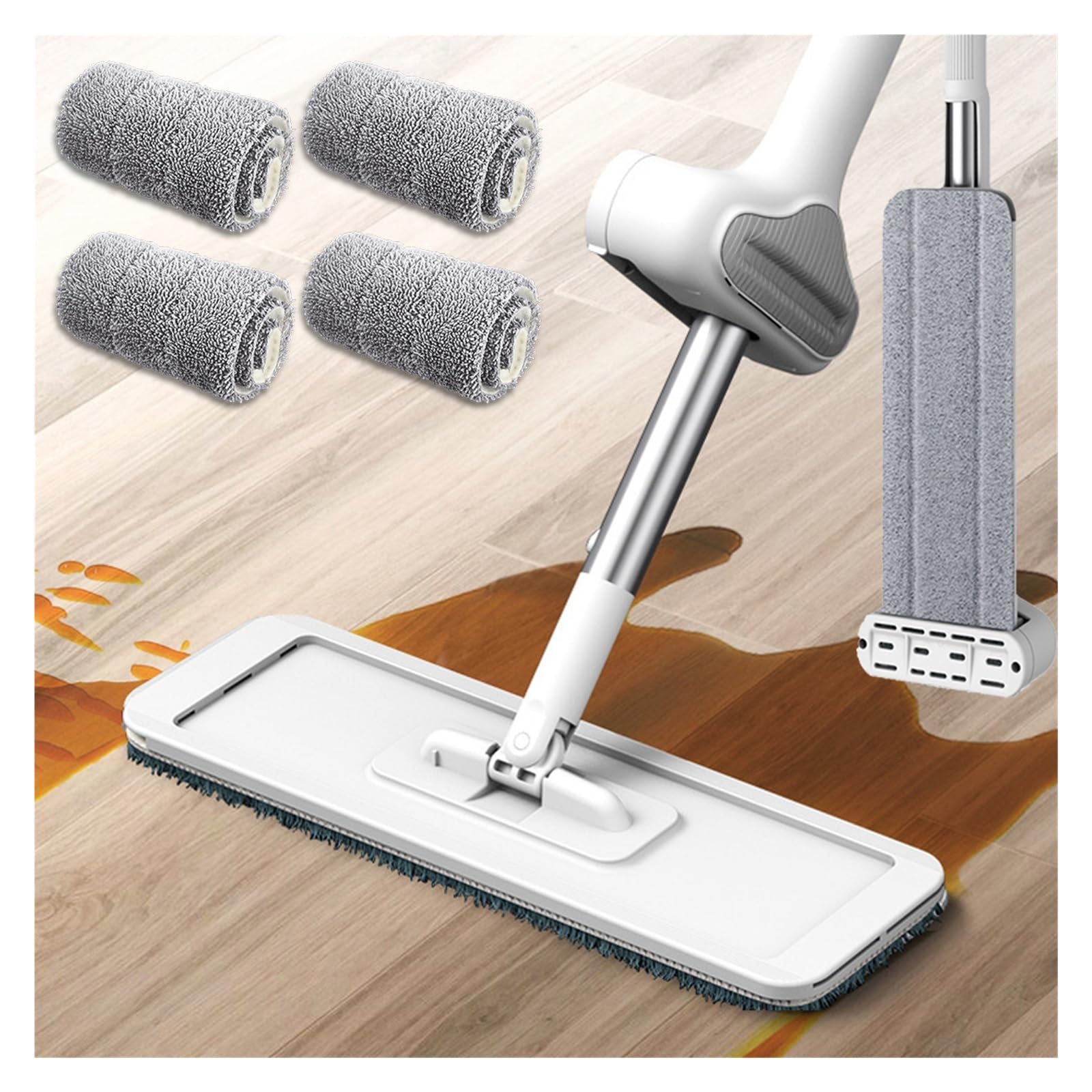 Trapeador Plano de Microfibra Giratorio de 360°, Manos Libres, con 4 Almohadillas, Herramienta de Limpieza for el hogar