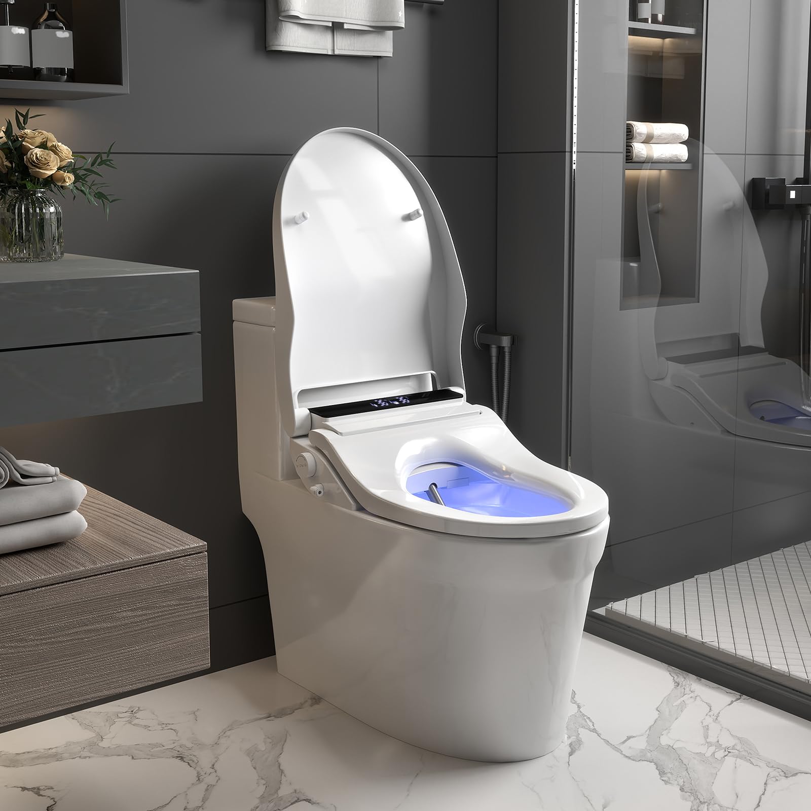 YOURLITE Abattant WC Japonais,Lavant Sechant,Blanc | Abattant WC Japonais Électrique,Abattant Toilette Japonais,Frein de Chute,Veilleuse,Forme V,Télécommande