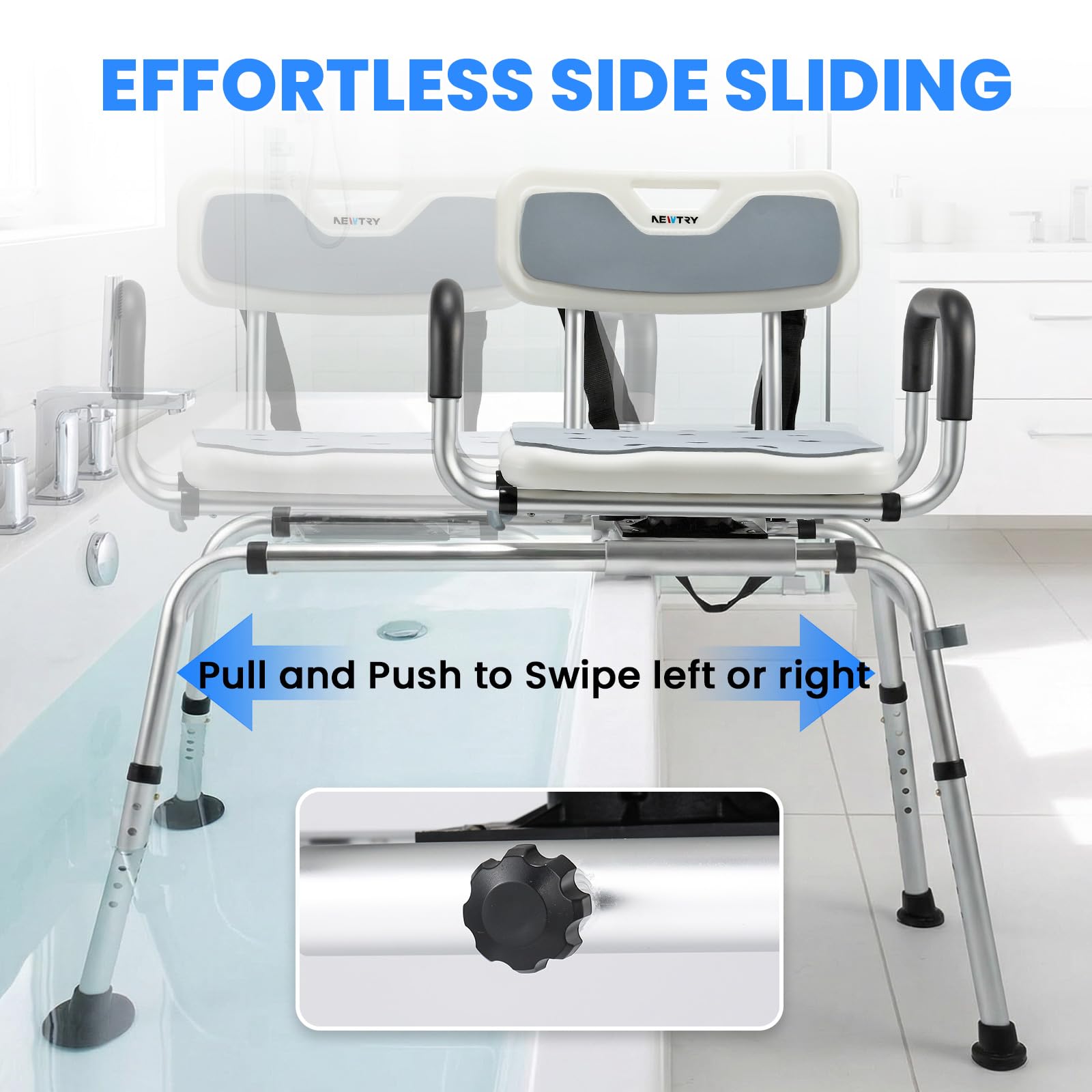 NEWTRY Sedia per doccia, Panca di trasferimento per vasca da bagno scorrevole,sgabello bagno girevole a 360°con regolazione dell'altezza a 12 livell per Anziani Disabili