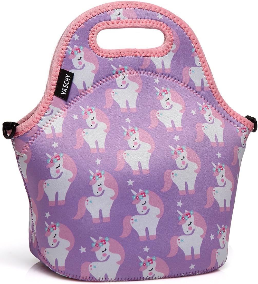 VASCHY Insulated Lunch Bag for Children, Neoprene Lunch Bag Women's Waterproof Thermal Bag Picnic Lunch Tote for Men Work Office School Travel with Detachable Shoulder Strap, Unicorn