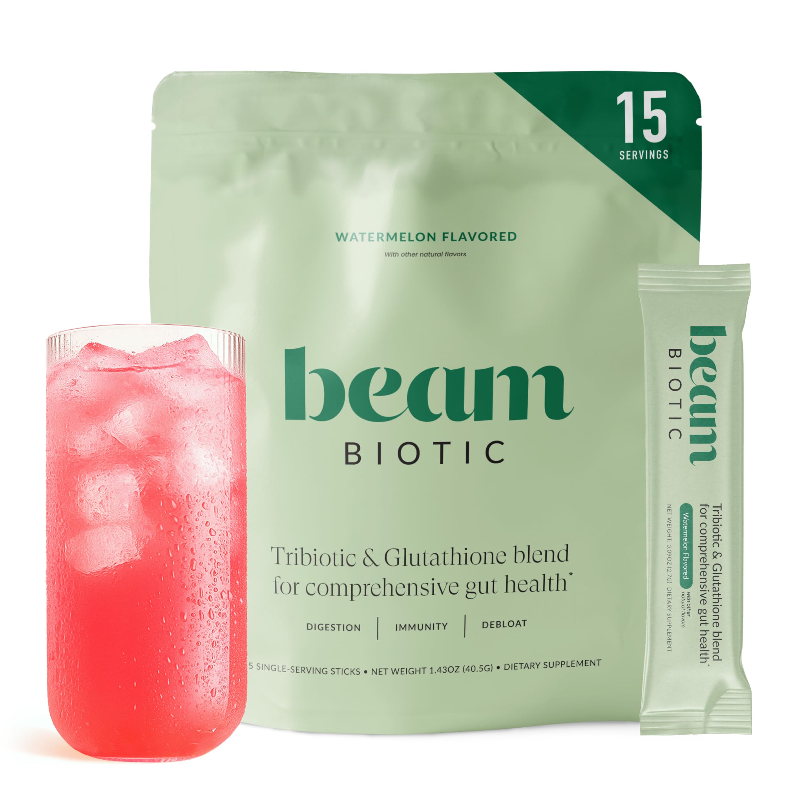 BEAM Biotic Probiotics for Women & Men – Gut Health for Women & Men, Digestive Health with Pre, Pro & Postbiotics + Glutathione, Daily Probiotic Drink for Bloating Relief, Watermelon, 15 Servings Watermelon 15 Servings