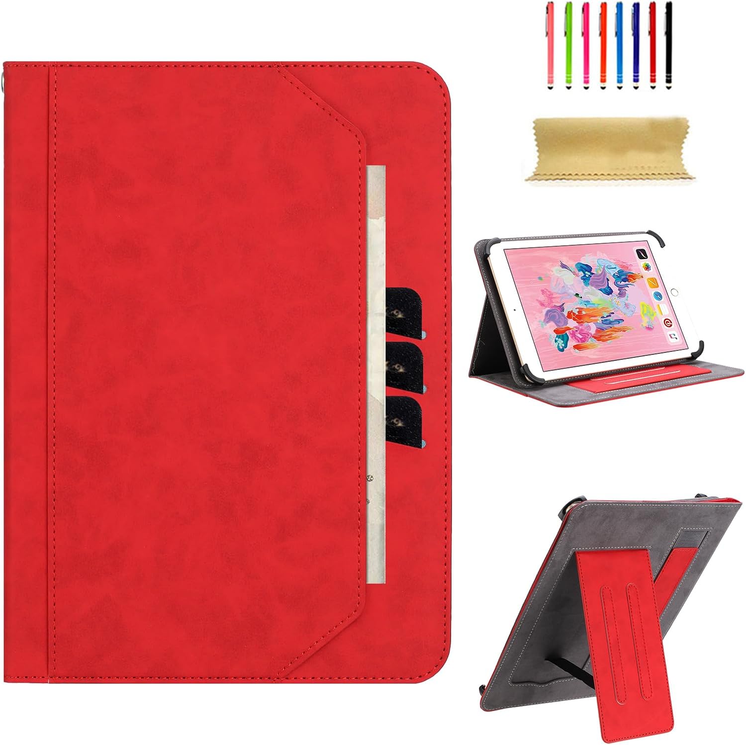 Dteck for 10/10.1/10.3/10.4/10.5 Inch Tablet Android 11/12/13/14 Tablet Universal Case with Stand (Portrait/Landscape Viewing Angles)/Front Pocket/Card Slots, PU Leather Protective Folio Case, Red