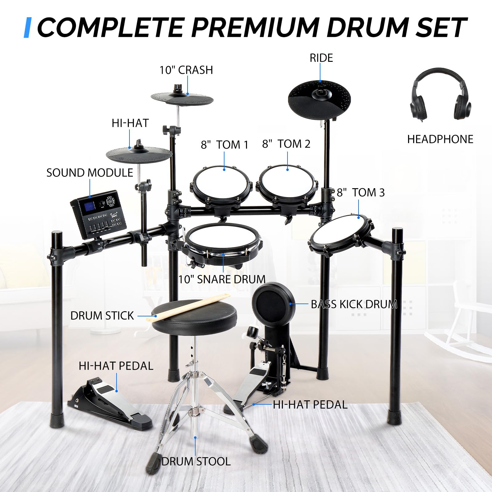 GLARRY 10" Dual Zone Snare Electric Drum Set, 5 Pads, 3 Cymbals Full Size Adult Drum Set, 30 Kits and 450 Authentic Sounds,TFT Color Display, USB MID