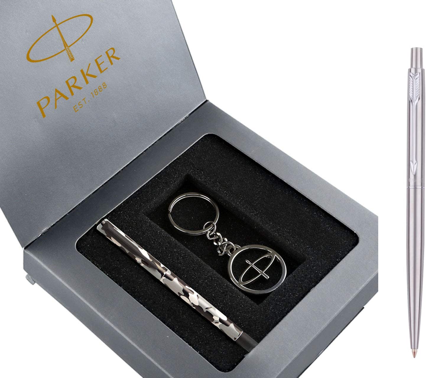 Parker Classic Stainless Steel CT Ball Pen Vector Camouflage Gift Set - Roller Ball Pen Keychain (Blue Ink)