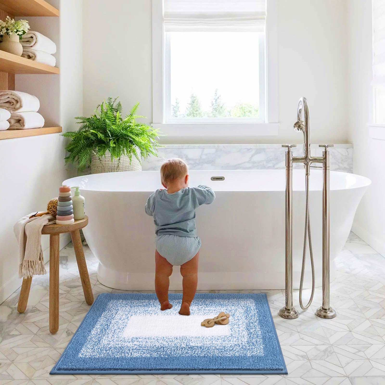 Enyhom Tapetes de baño grandes, 80 x 120 cm, antideslizantes, lavables a máquina, tapete de baño de microfibra absorbente, tapete de baño suave, color azul