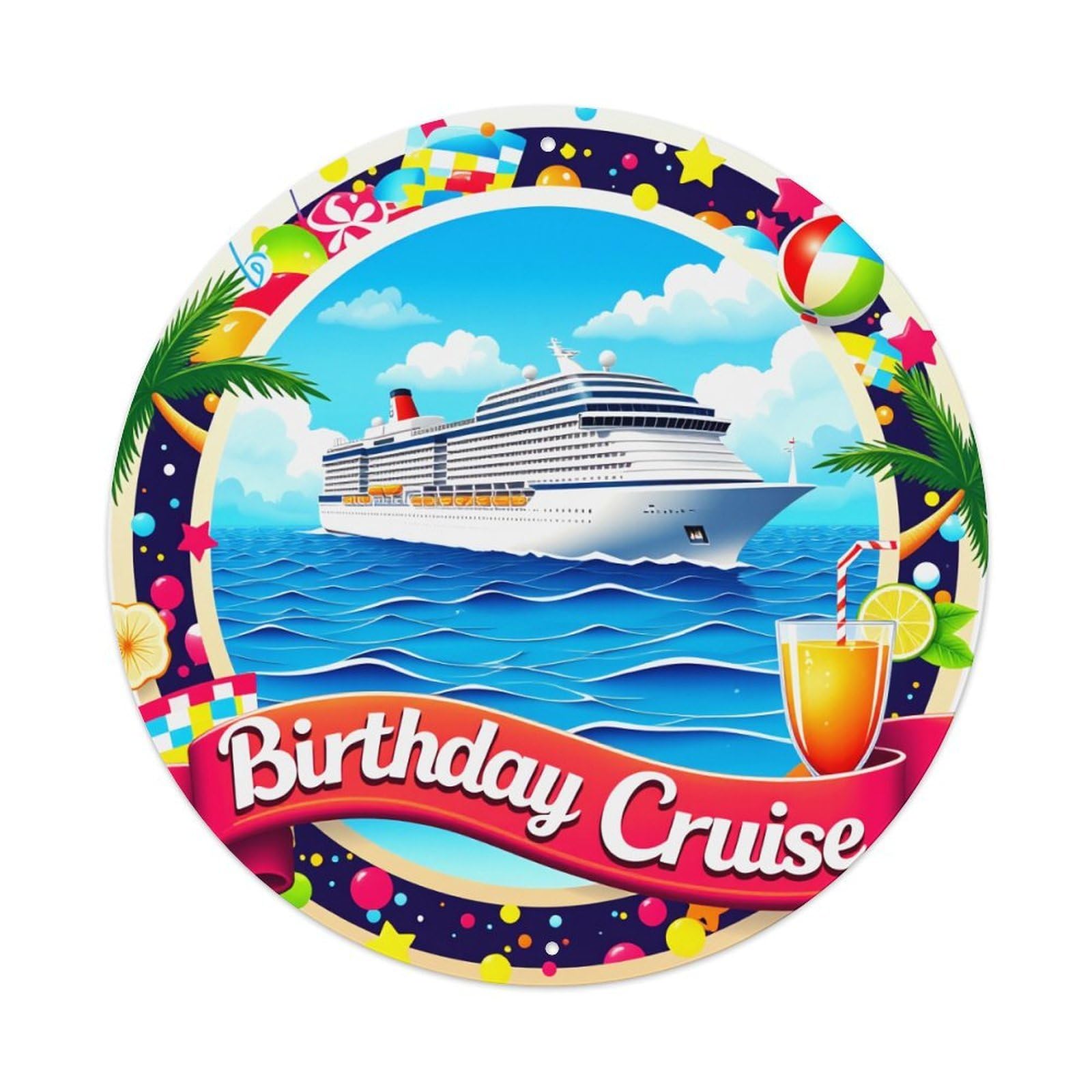Cruise Ship Ocean Palm Cocktail Round Tin Sign Vintage Metal Poster, Home Bar Garage Man Cave Cafe Indoor & Outdoor Wall Decoration 8x8Inches