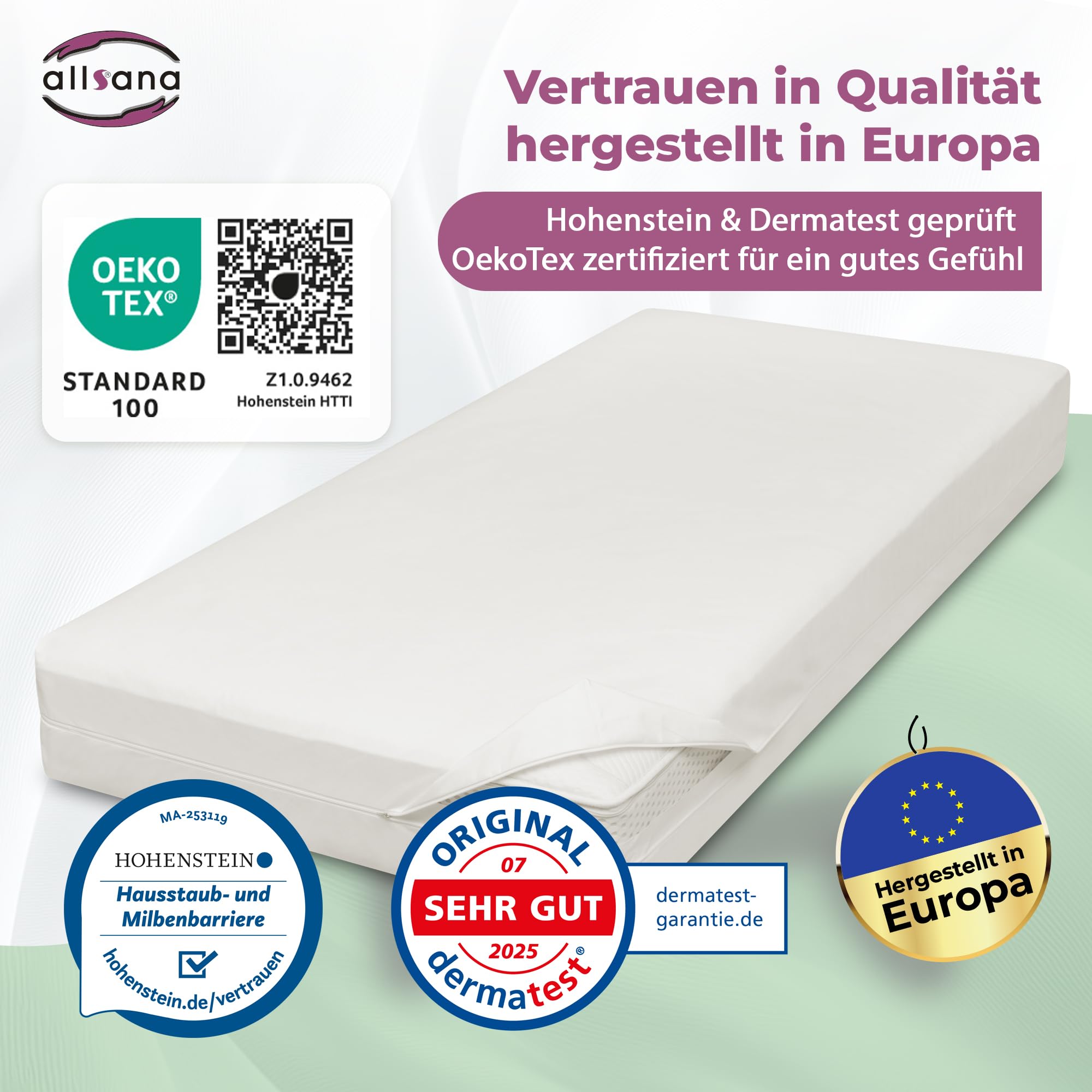 Allsana Allergiker Matratzenbezug 90x200x20 cm | Allergie Bettwäsche | Anti Milben Encasing | Milbenschutz für Hausstauballergiker | Zwischenbezug für die Matratze | Hohenstein Zertifiziert