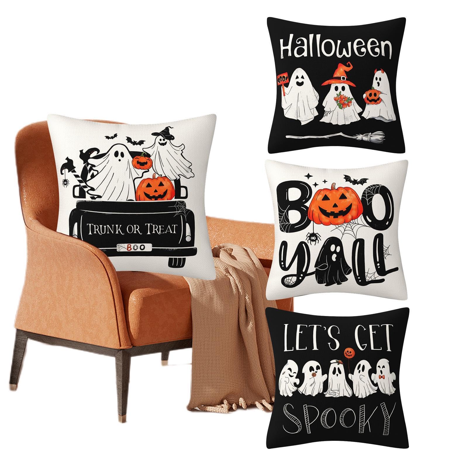 Set di 4 federe per cuscini di Halloween, decorazioni con fantasmi e zucche nere e arancioni, stile spettrale per festival autunnali, decorazione per casa, divano, letto, divano, per Halloween, 45,7 x