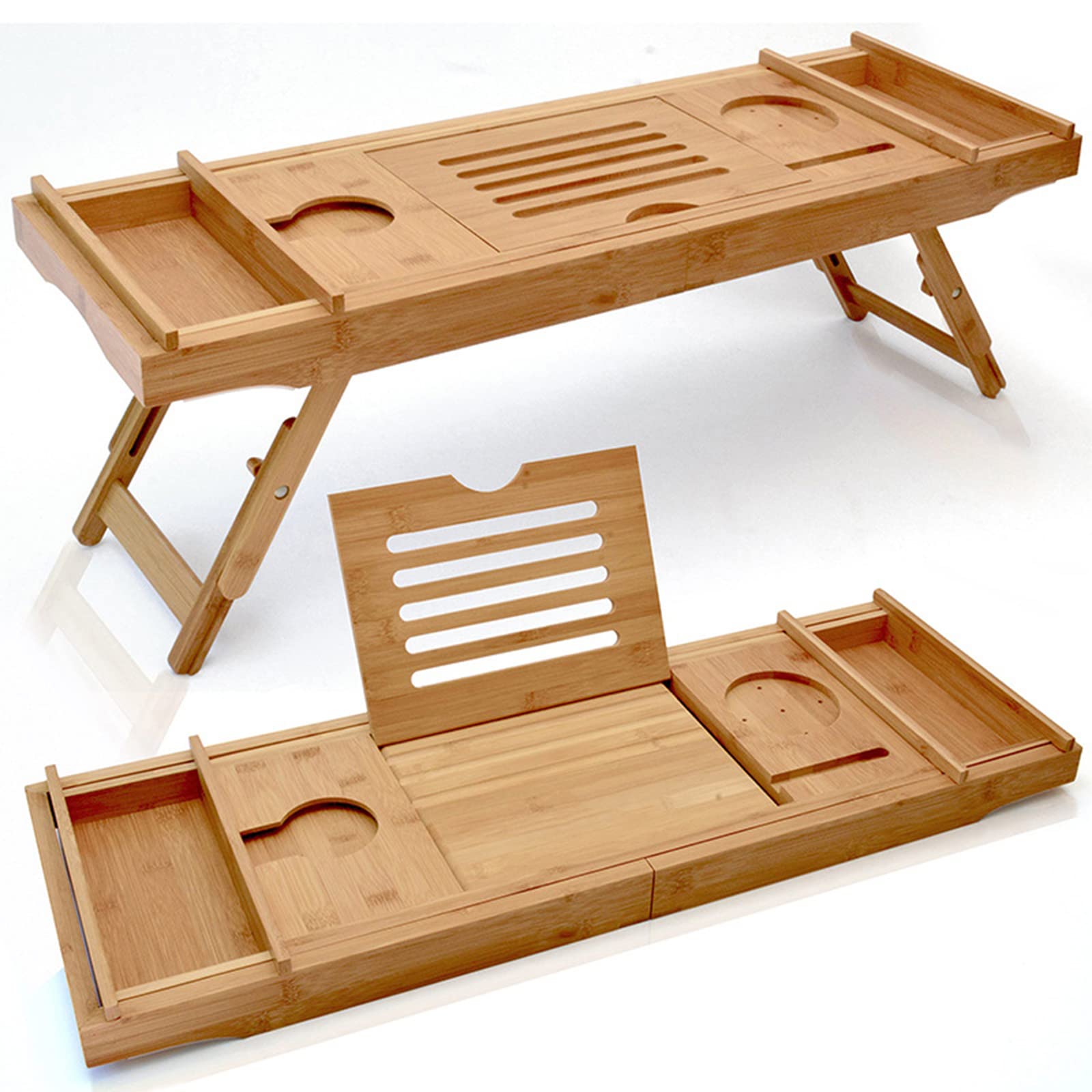 Bandeja para bañera, Bandeja para bañera de bambú con Patas Plegables, Bandeja para bañera de bambú con Patas Ajustables, Copa de Vino y Soporte