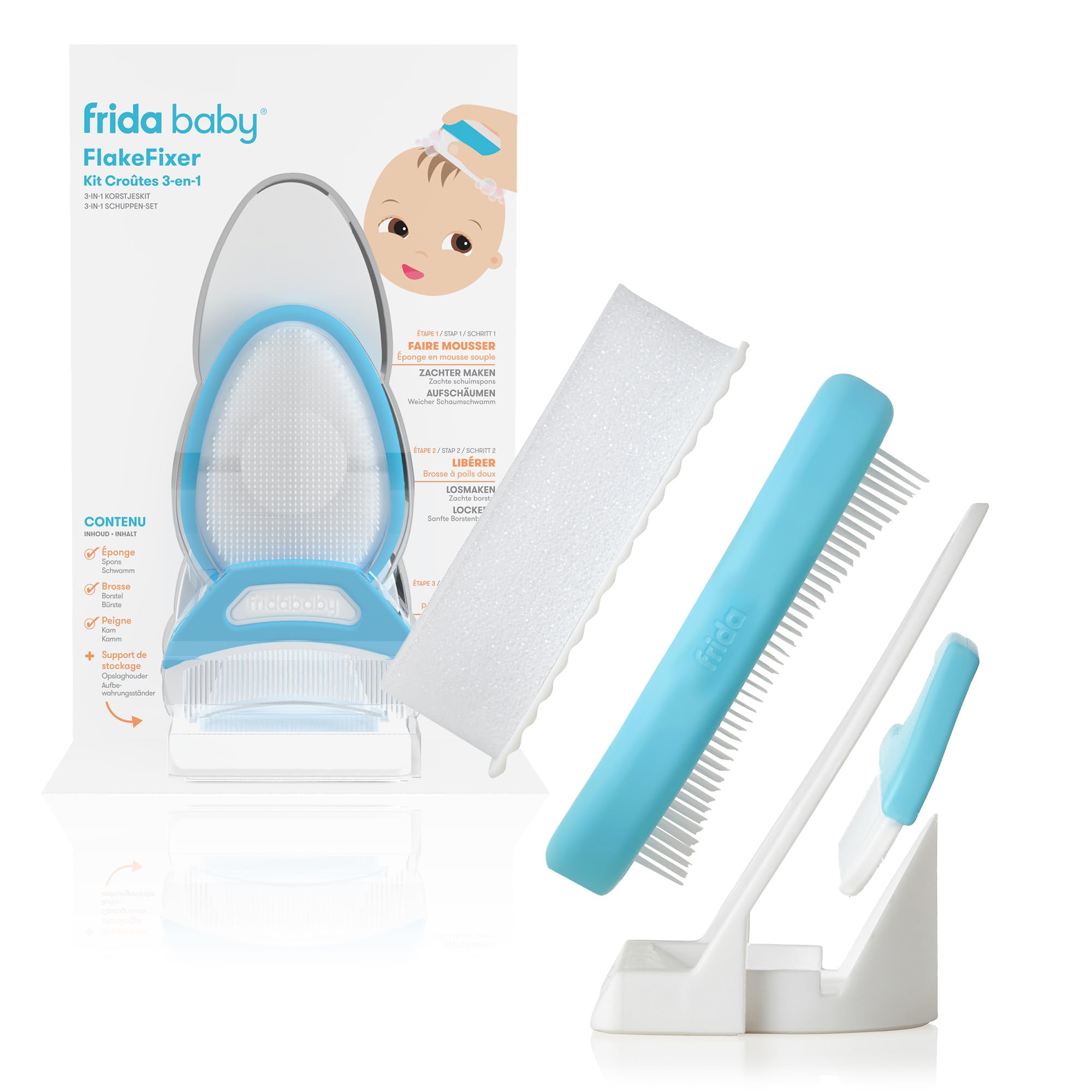 Frida Baby DermaFrida The FlakeFixer 3 Step Milk Crust Remover Kit with Sponge, Brush, Comb and Storage.Soothes and Protects Baby's Scalp