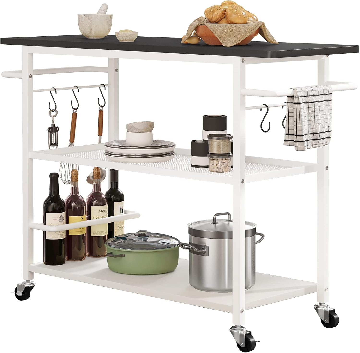 Hasuit 3 Tier Kitchen Island Cart on Wheels, Rolling Kitchen Island with Shelves and Handle for Home Kitchen…