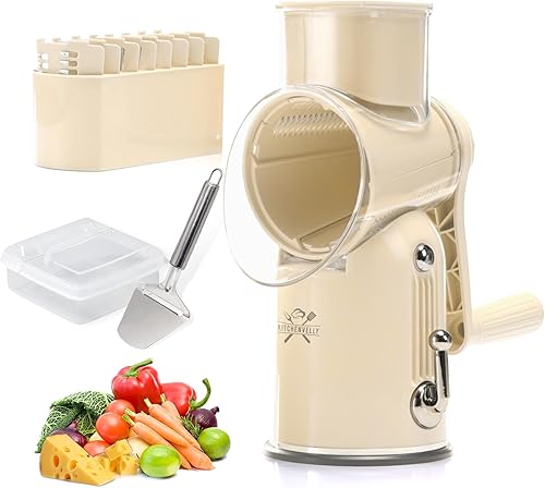 Rallador de queso giratorio 5 en 1 con manivela de mano - Rebanador multifuncional de verduras, trituradora de nueces y quesos - Rallador de