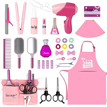 deAO Girls Beauty Salon Set, 32PCS Kids Beauty Salon Toy Kit,Pretend Play Hair Stylist Toy Kit with Hairdryer, Barber Costume Apron,Hair Styling Toy Playset Christmas Birthday for Girls
