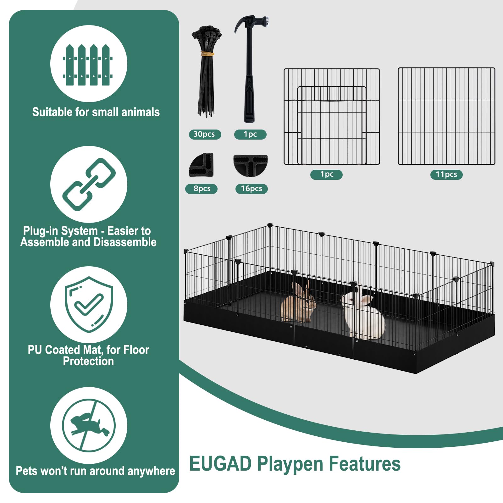 EUGAD Enclos pour Lapin Intérieur, Parc pour Petits Animaux avec Tapis de Fond et Porte, Modulable Enclos Lapin, Cage en Métal Grillagé pour Cochon d'Inde pour Cavia, Hamsters Noir 140x71x37cm