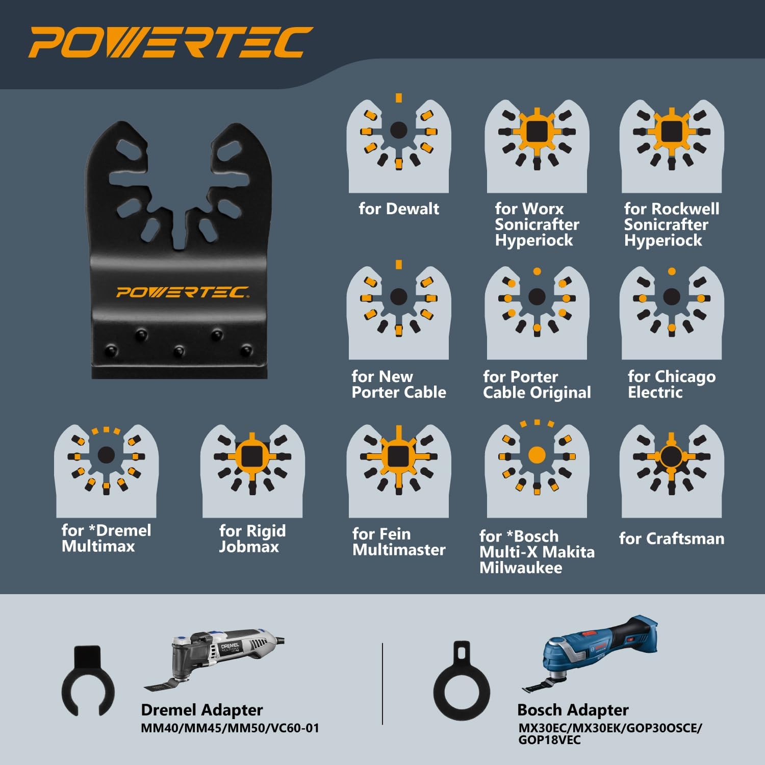 POWERTEC 14504 Oscillating Tool Blade 9pc Set – Bi-Metal & Carbide Multitool Blades with 2 Adapters for Fast Wood Cutting, Flush Cutting, and Cutting Hardened Metal, Bolts, Screws & Nails