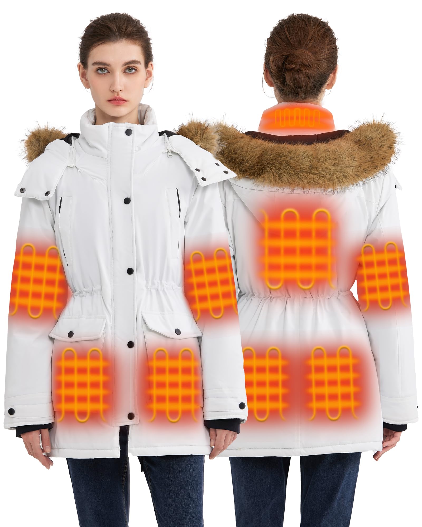 Veste Chauffante Femme avec Batterie 18400mAh 12V, Batterie Veste Chauffante, Parka Femme Vestes avec Capuche Amovible pour Extérieur