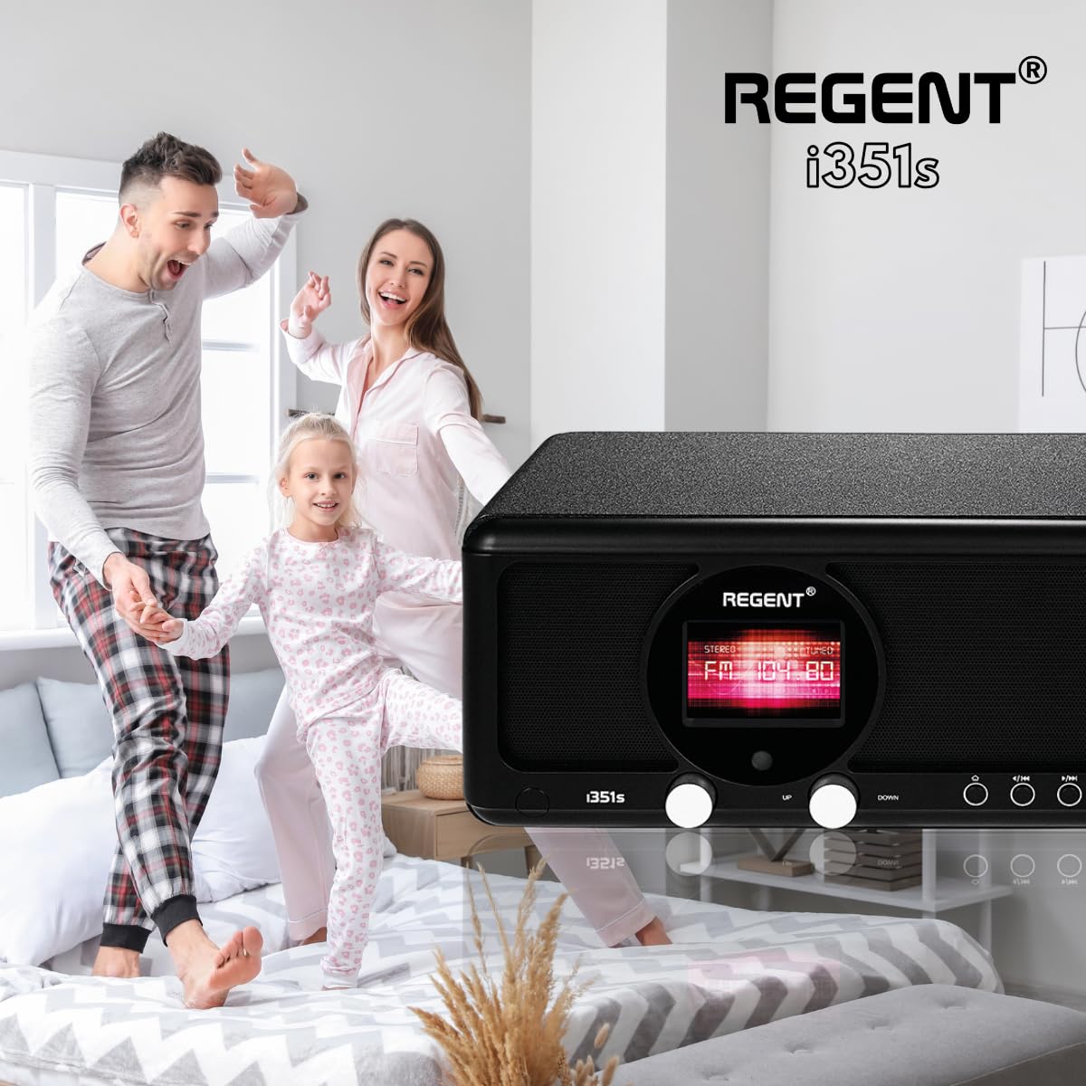 REGENT i351s Głośnik Spotify Connect DAB+ WI-FI Radio internetowe Hi-Fi Bluetooth FM 20, podwójny alarm, aplikacja do zdalnego sterowania, unikalny nadajnik Bluetooth Two Way BT (Czarny)