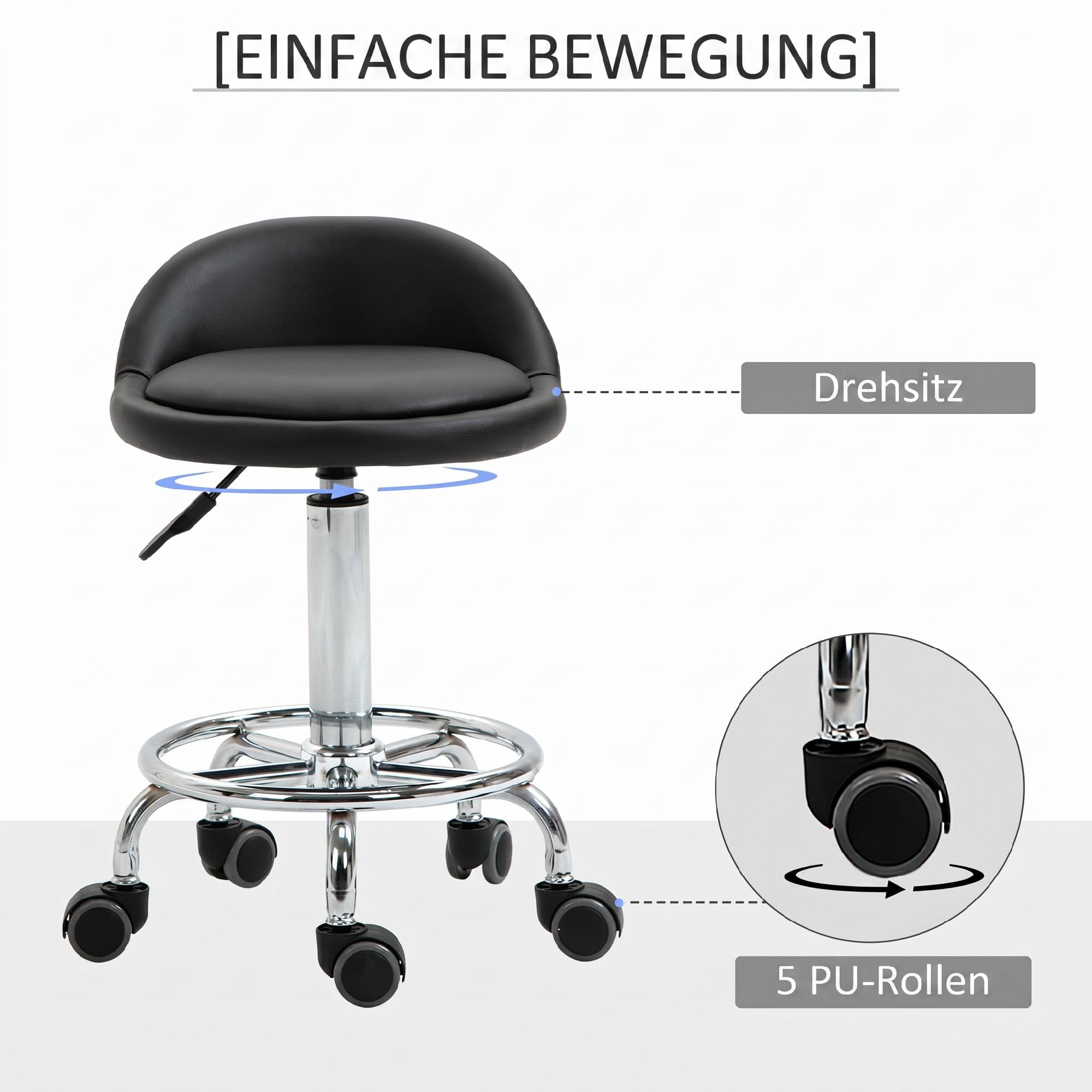 HOMCOM Rollhocker 2er-Set Rückenlehne 57-72 cm Höhenverstellbar Schwarz